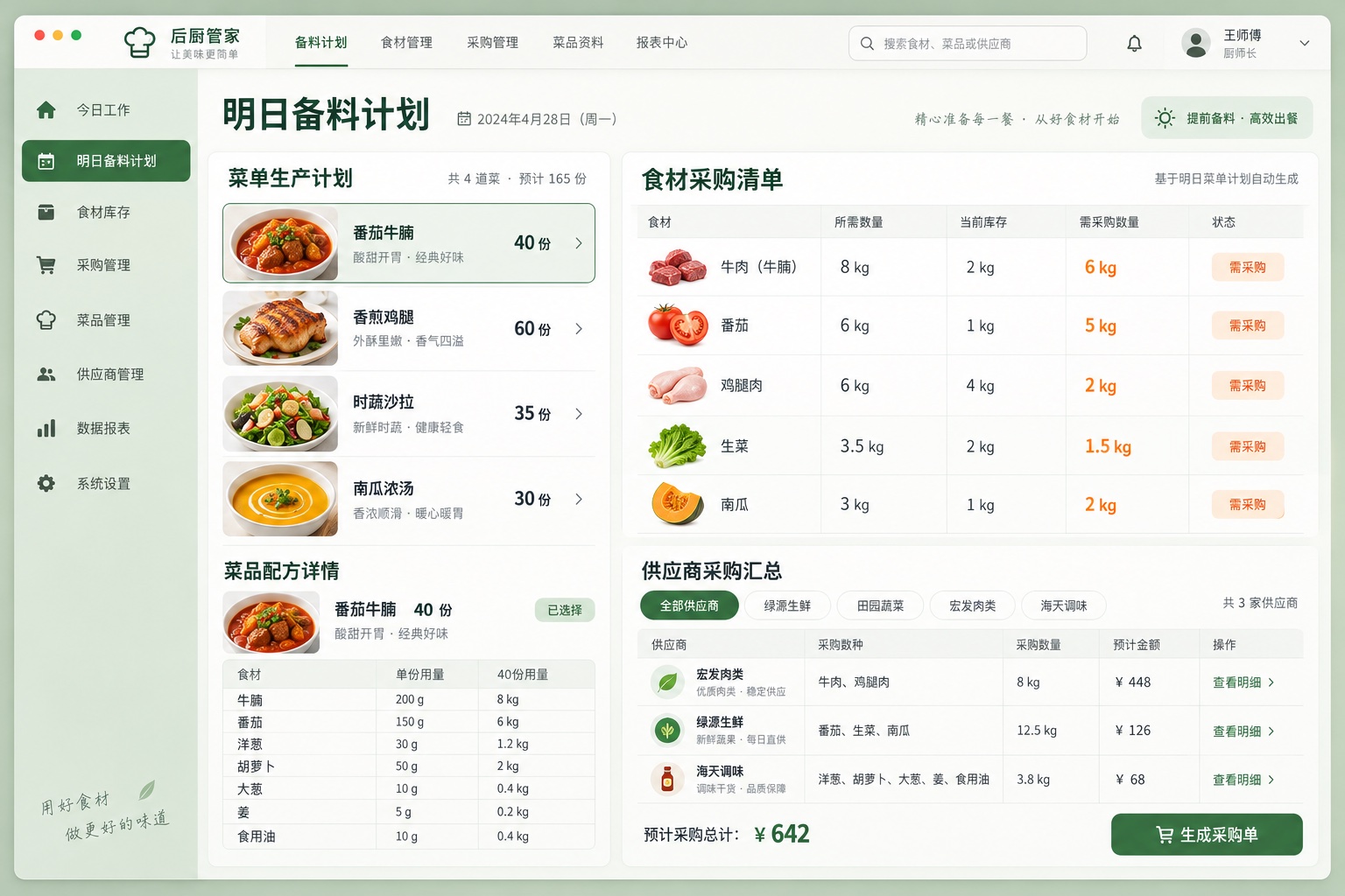 餐饮备料界面：菜单份数、食材需求、库存缺口和供应商采购单